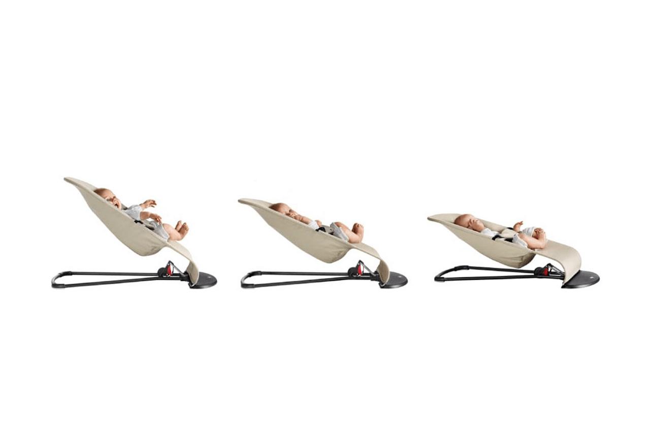 Three stages of a baby in a beige adjustable baby bouncer, showing different recline positions on a black frame.