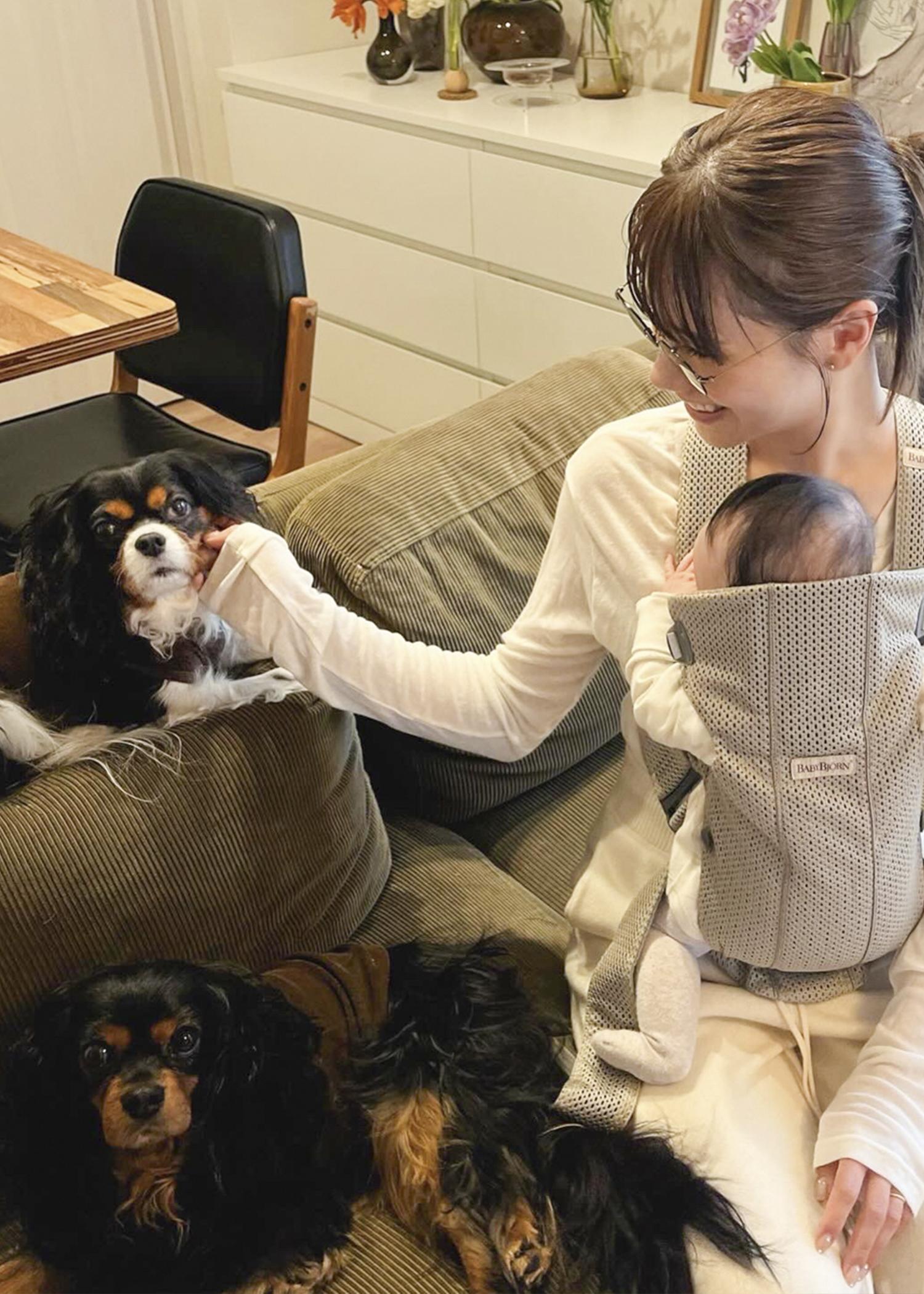 Woman holding baby in a carrier, seated on a sofa with two Cavalier King Charles Spaniels, one being petted. Cozy home setting.