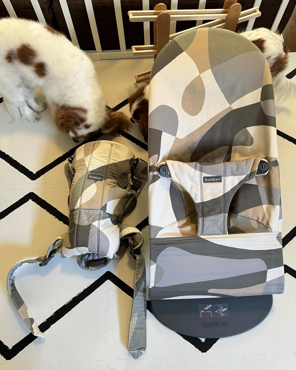 Camouflage-patterned baby bouncer and carrier on a geometric rug, with two small dogs sniffing nearby.