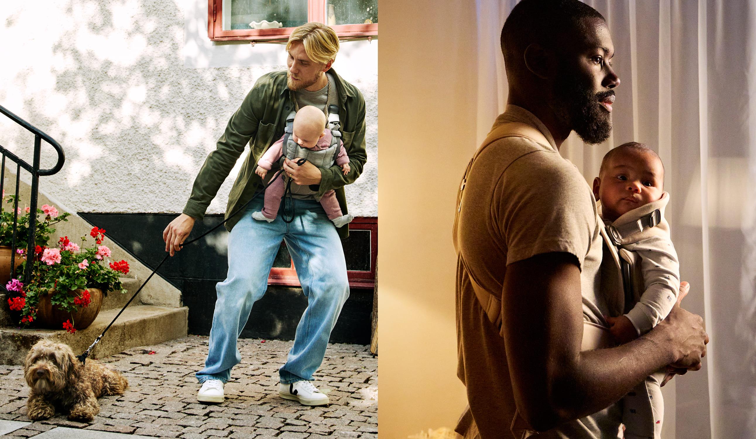 Two fathers with babies in carriers: one walking a dog outside, the other standing indoors by a window, holding a baby.
